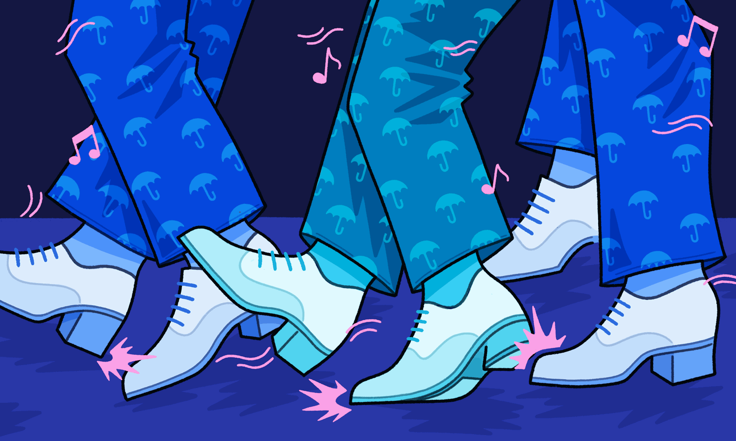 We see three pairs of legs and three pairs of tap shoes all in motion, with pink sparks and music notes jittering around. Each of the pant legs have patterns of little umbrellas to reference the famous musical, Singing in the Rain.
