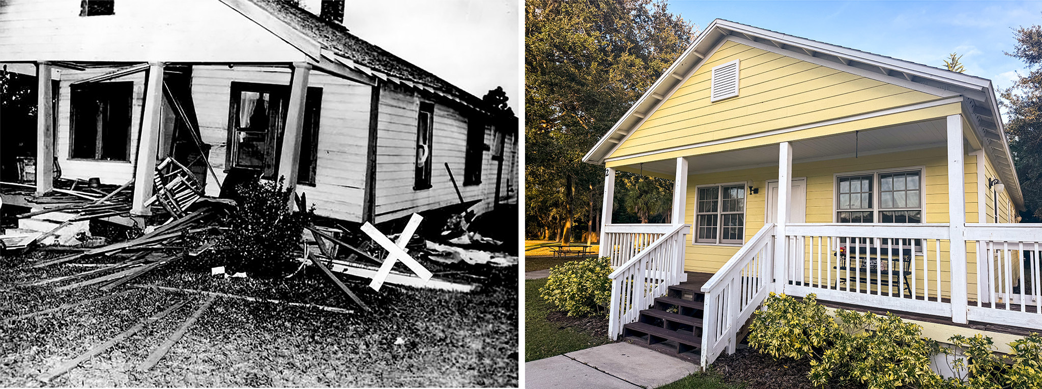 Left photo in black and white: a bombed house with wooden planks and furniture scattered across the lawn. The steps to the front door are caved in.<br />
Right photo in color: A yellow house in good condition. The steps and porch are restored with bushes lining the porch. 