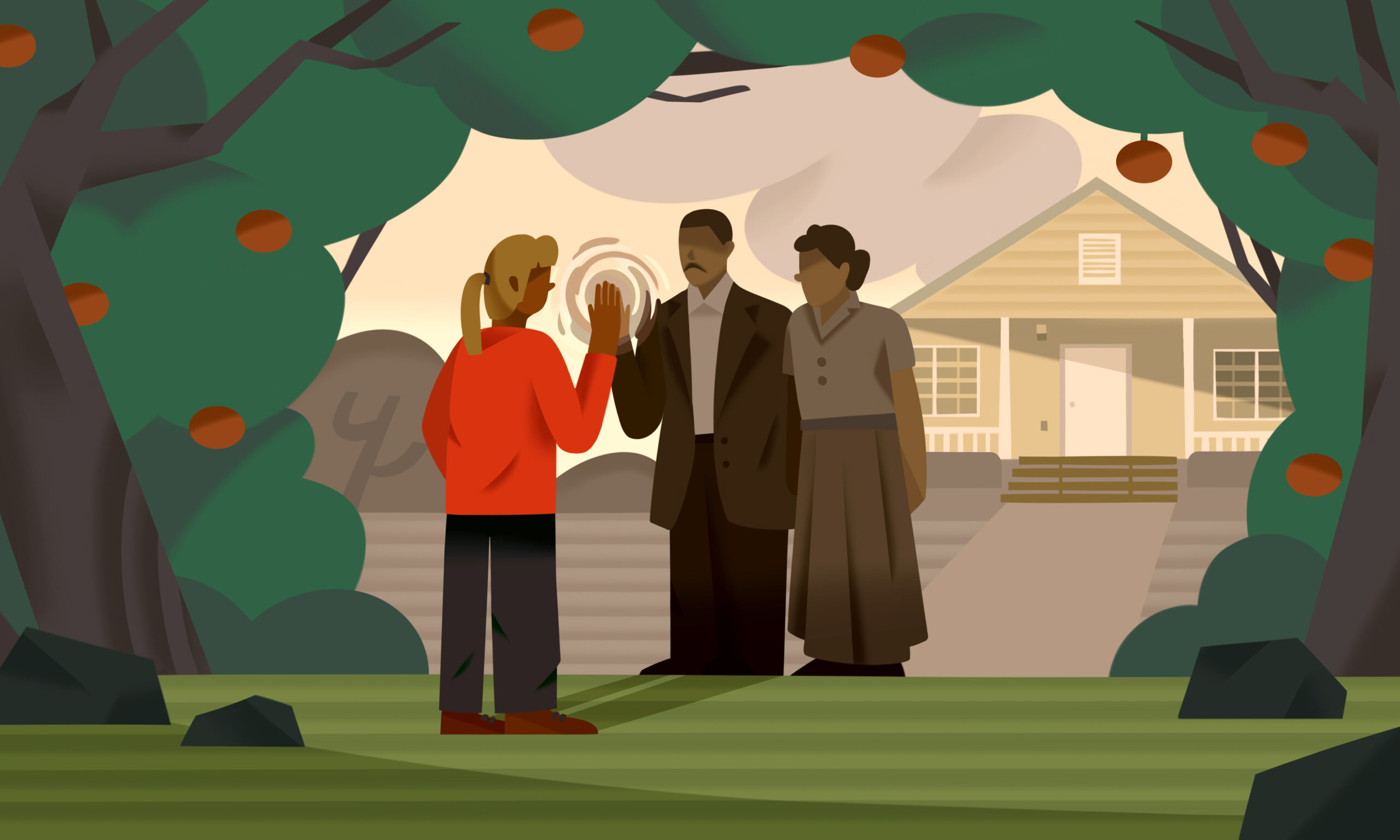 The illustration portrays Sonya Mallard gazing into the historical moments of Harry T. and Harriette Moore, who are shown standing before their home.